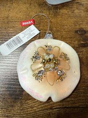 NWT Glass Sand Dollar Christmas Ornament with Beaded Embellishments
